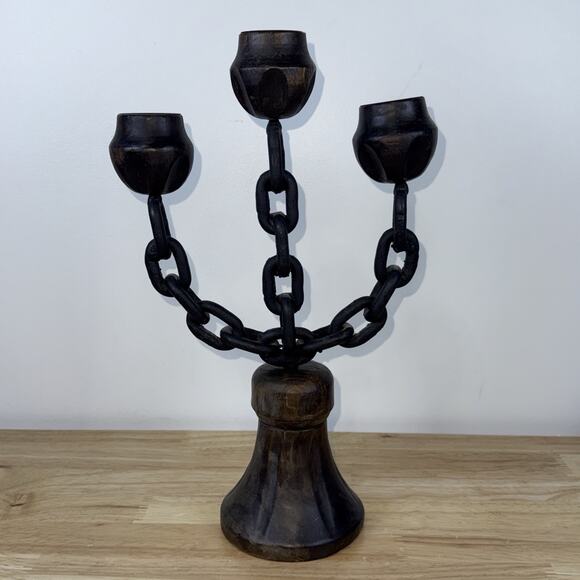 Iron Chain Carved Wood Bell Candle Holders Candelabra Gothic Medieval 13.5” - Picture 10 of 10